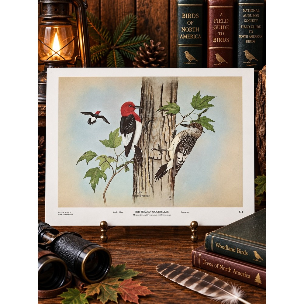 Rex Brasher Red Headed Woodpecker Bird Vtg Original Book Plate Wall Art Decor